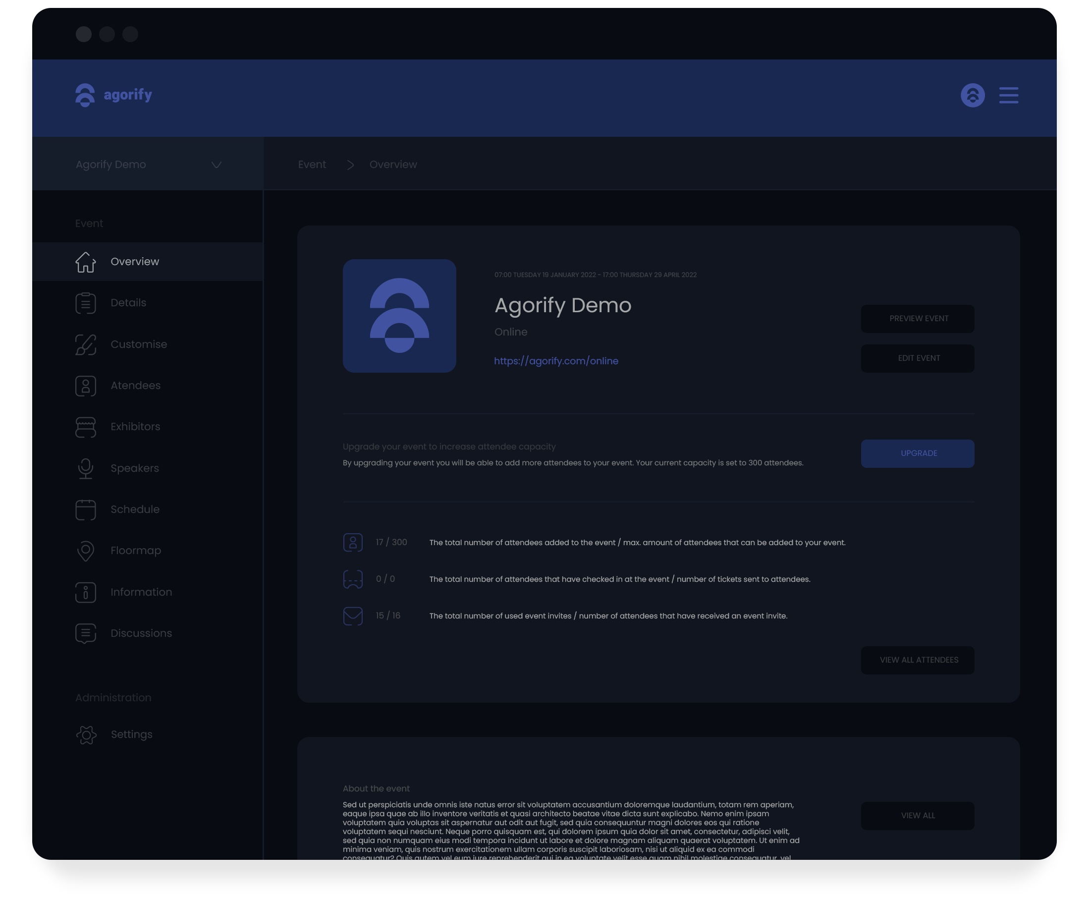 Agorify dashboard dark theme